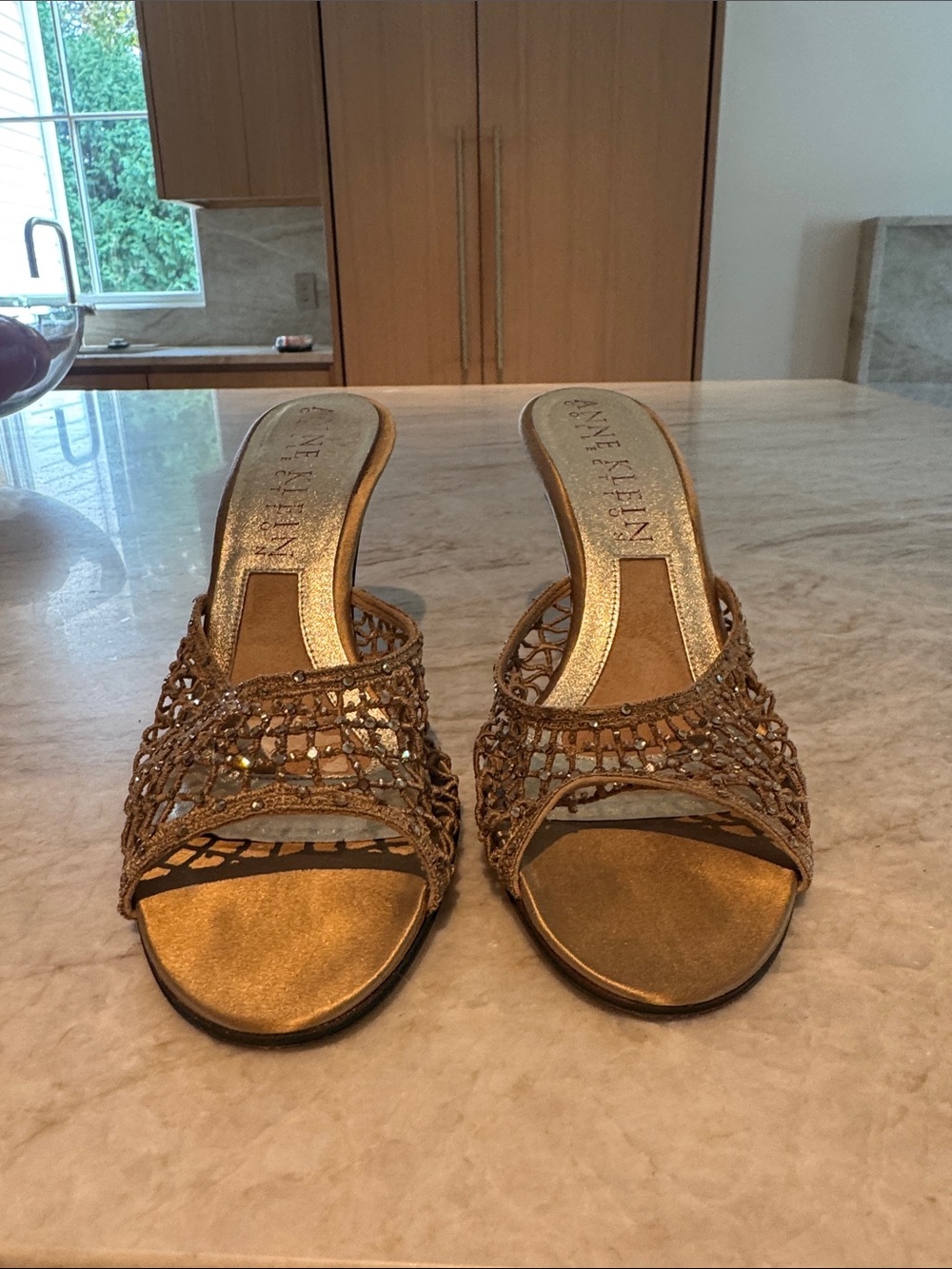 Anne Klein Metallic Gold Woven Beaded Mule